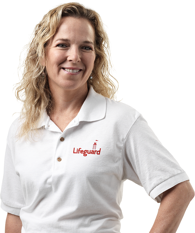 A blonde woman wearing a white Lifeguard polo.