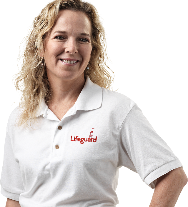 A blonde woman wearing a white Lifeguard polo.