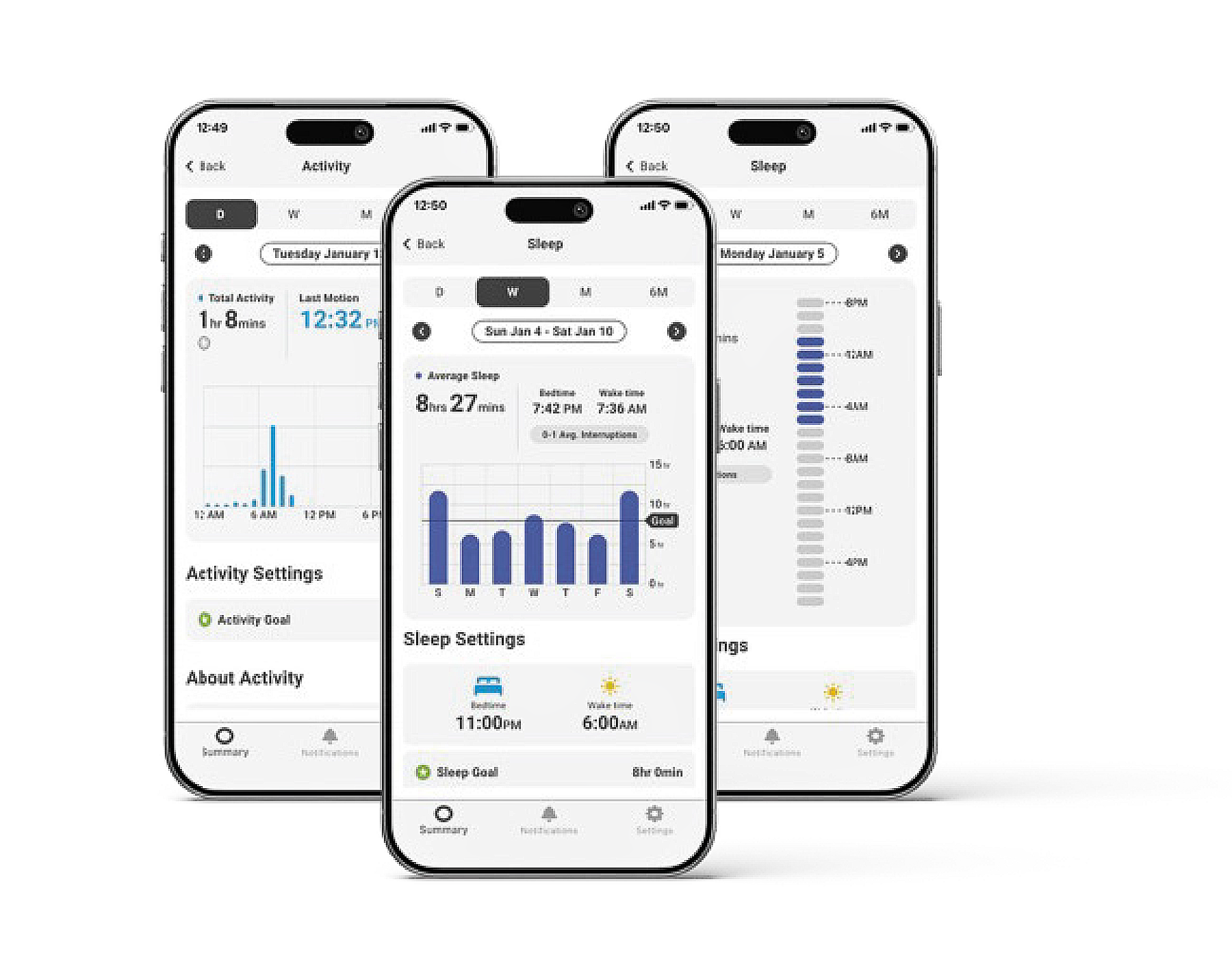 Three phone screens showing the Lifeguard app displaying activity and sleep data